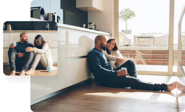 Group of images where a man and woman sit together on a floor