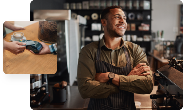 Man wearing an apron in a restaurant, hands exchanging a product