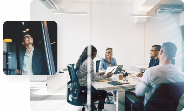 Meeting in an office and man on a train