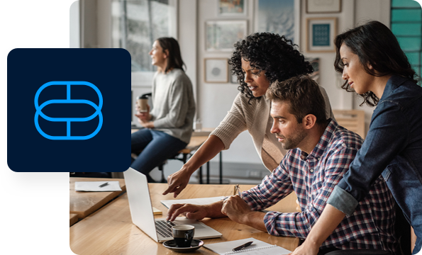 Three people in office working on laptop, Left: Customers Bank logo