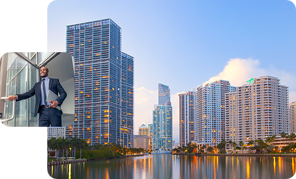 Florida Business Banking - Portrait of Miami, left: businessman holding door open