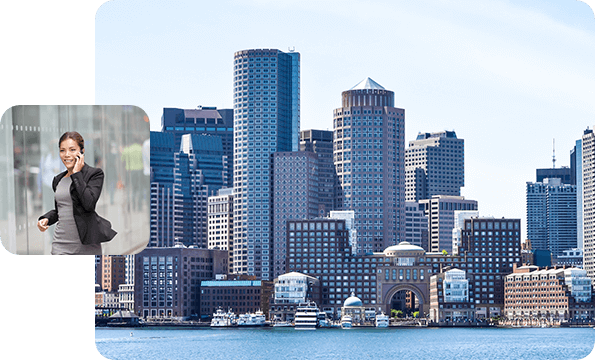 Right: Picture of Boston, Left: Businesswoman walking while talking on phone