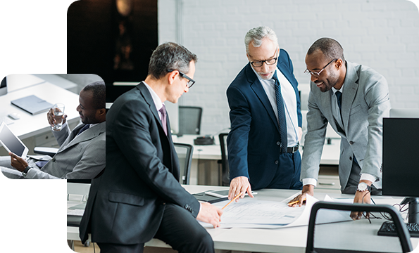 Right: 3 businessmen looking at business plans, Left: Businessman sitting with iPad