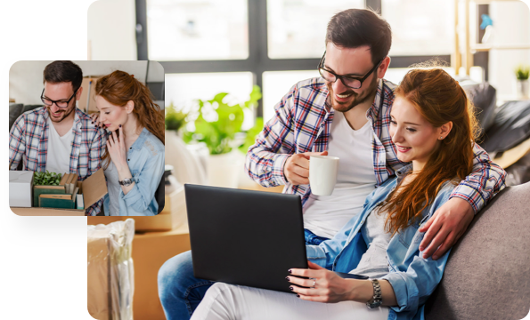 Left: Couple looking at box of items, Right: Couple looking at computer together