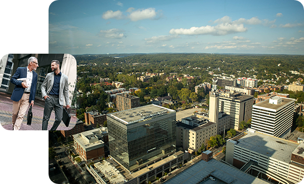 Right: Picture of Westchester, Left: Two businessman talking while they walk