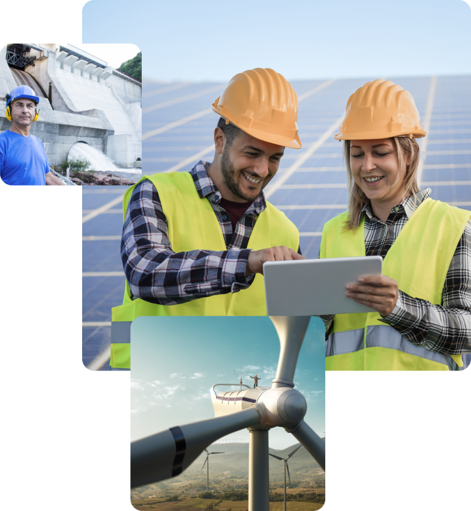 Center: solar panel workers looking at tablet, Bottom: wind turbine with man standing on top, left: Worker at hydro-electric plant