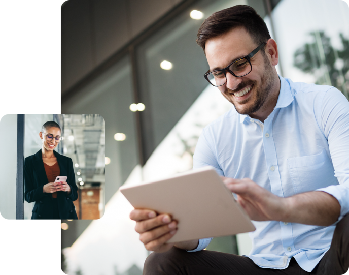 Right: Man sitting next to building on tablet, Left: Woman on phone in office