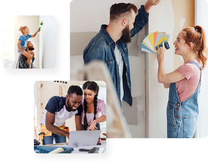 Middle: Couple picking color for wall, top-left: couple painting wall, bottom-left: Couple looking at laptop