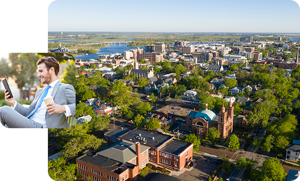 Middle: Portrait of city in North Carolina, Left: Businessman sitting on bench looking at phone