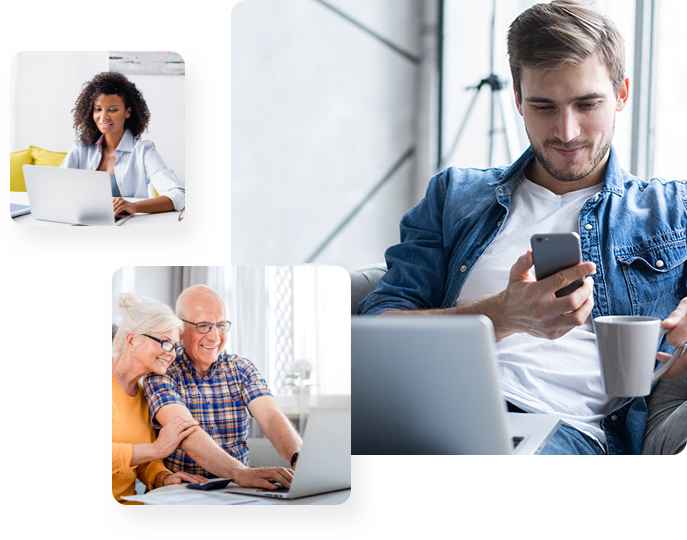 Middle: man on phone with laptop, top-left: woman sitting at desk on laptop, bottom-left: elderly couple looking at laptop