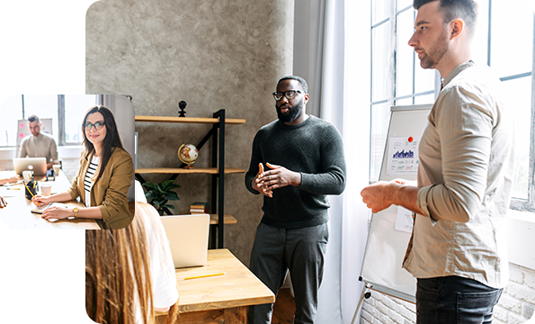 Middle: Two businessmen giving a presentation, left: portrait of woman smiling