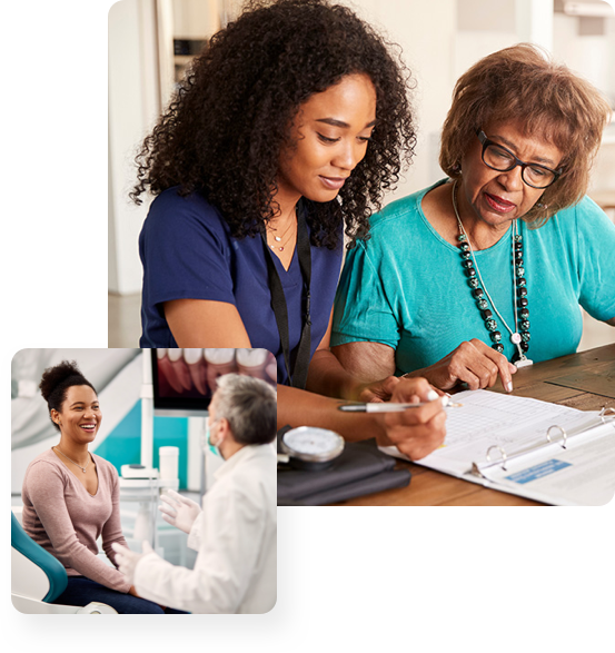 Middle: Mother and daughter filling out form together, Bottom-left: Woman and doctor speaking