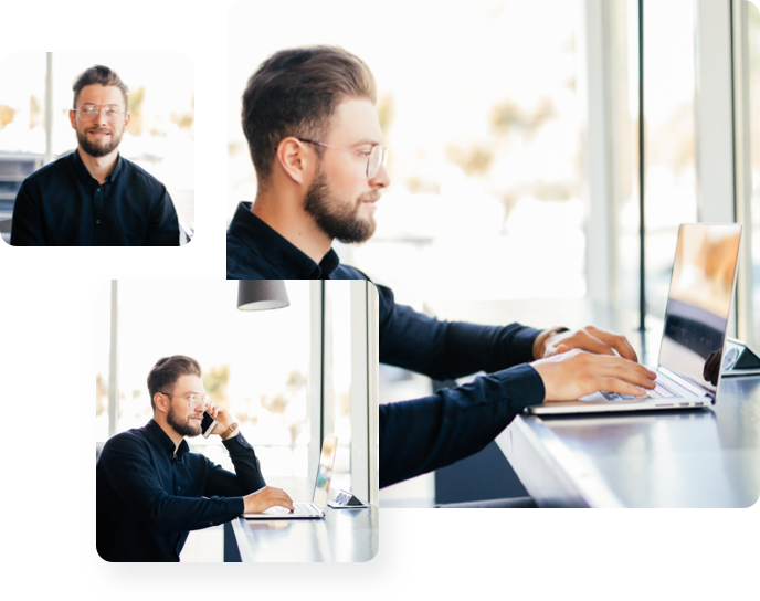 Center: Businessman on his laption sitting at counter, Bottom left: business man on phone and working on laptop, top left: portrait of business man smiling