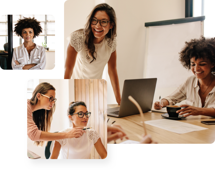 Right: Two business woman in meeting talking, Top left: Business woman standing in doorway, bottom left: Two business woman looking at computer