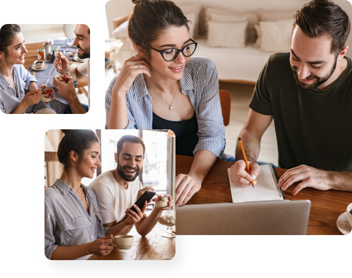 Group of photos of couple eating food and looking at mobile devices