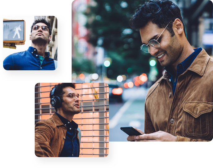 Right: Man outside on phone, Bottom Left: Man walking down street with headphones, Top Left: Man waiting to cross road