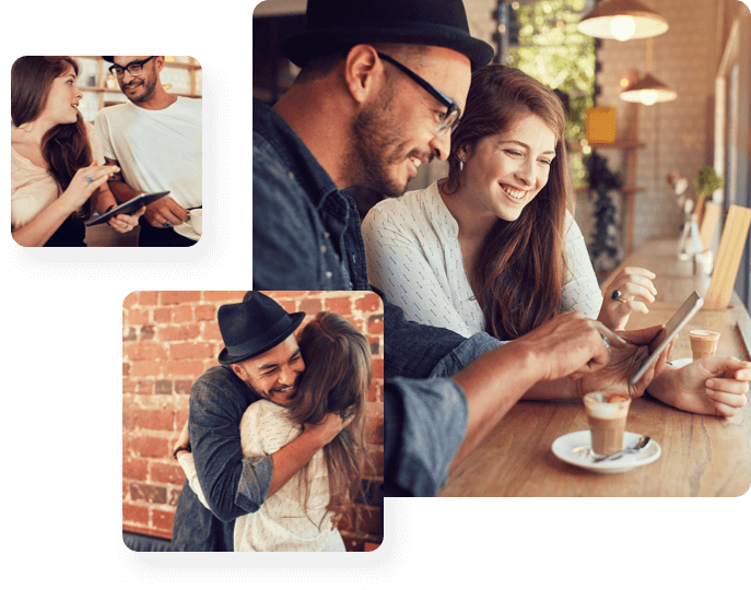 Right: Man and woman having coffee, Bottom Left: Man and Woman hugging, Left: Man and woman sitting and talking