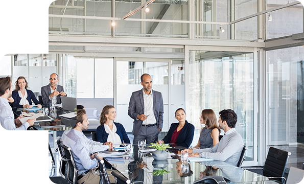 Right: Business people in meeting, Left: Zoomed in portrait of business people in meeting