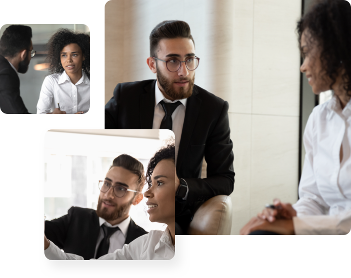 Portraits of a businessman and businesswoman working together