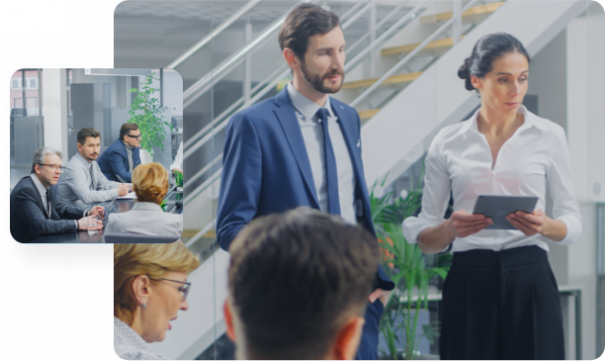eb-5-hero-605×361 Left: group of people sitting at table for meeting, Right: Woman and man standing while presenting in meeting