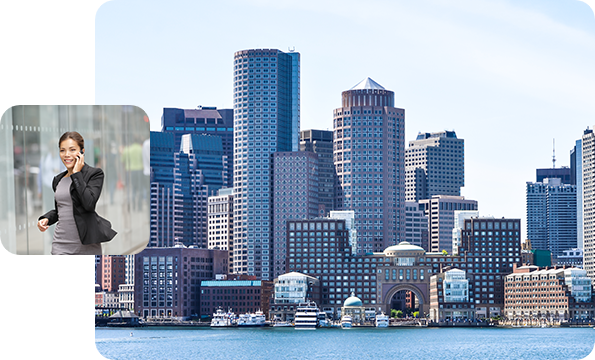 Left: Businesswoman walking and talking on phone; Right: portrait of the city Boston.