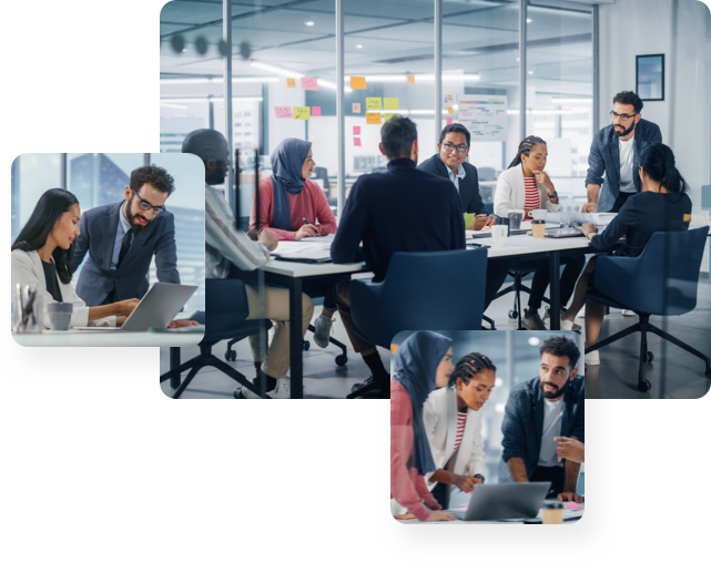 Center: Business people in meeting; Left: Businessman and Businesswoman looking at laptop; Bottom: Coworkers looking at laptop together and brainstorming.