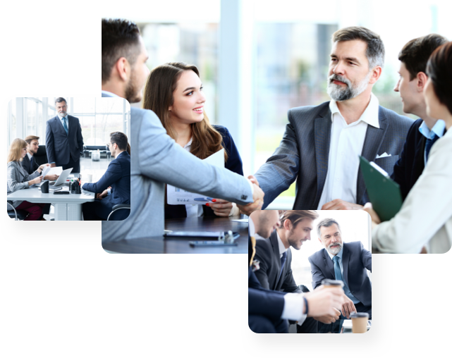 Center: Business people shaking hands; Left: Business people in meeting; Bottom: Business people having coffee together