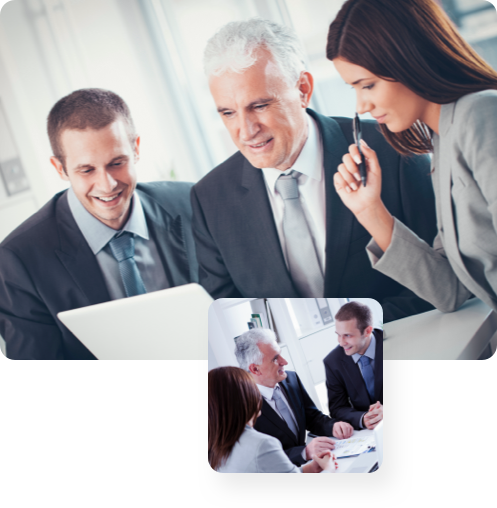 Top: Business people look at laptop together; Bottom: Business people sitting at table speaking to each other