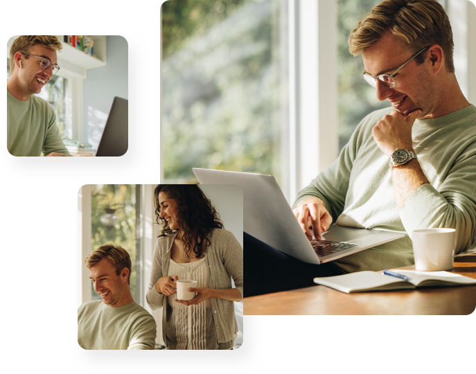 Center: Man looking at laptop; Left: Man looking at laptop; Bottom Left: Husband and Wife looking at laptop together