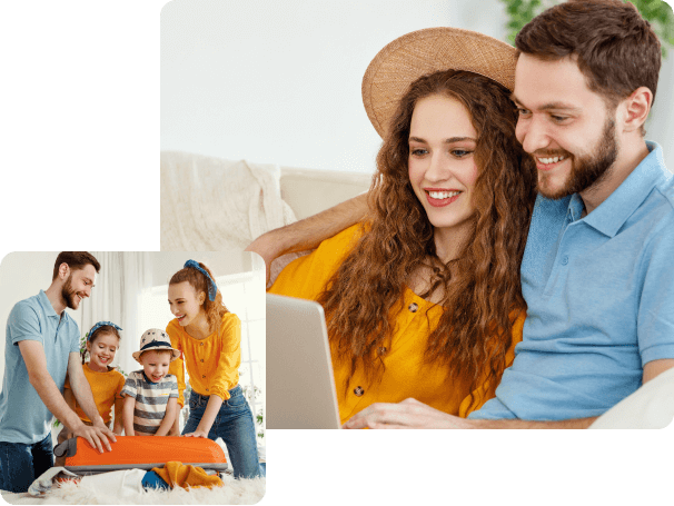Right: Couple looking at laptop; Left: family packing suitcase